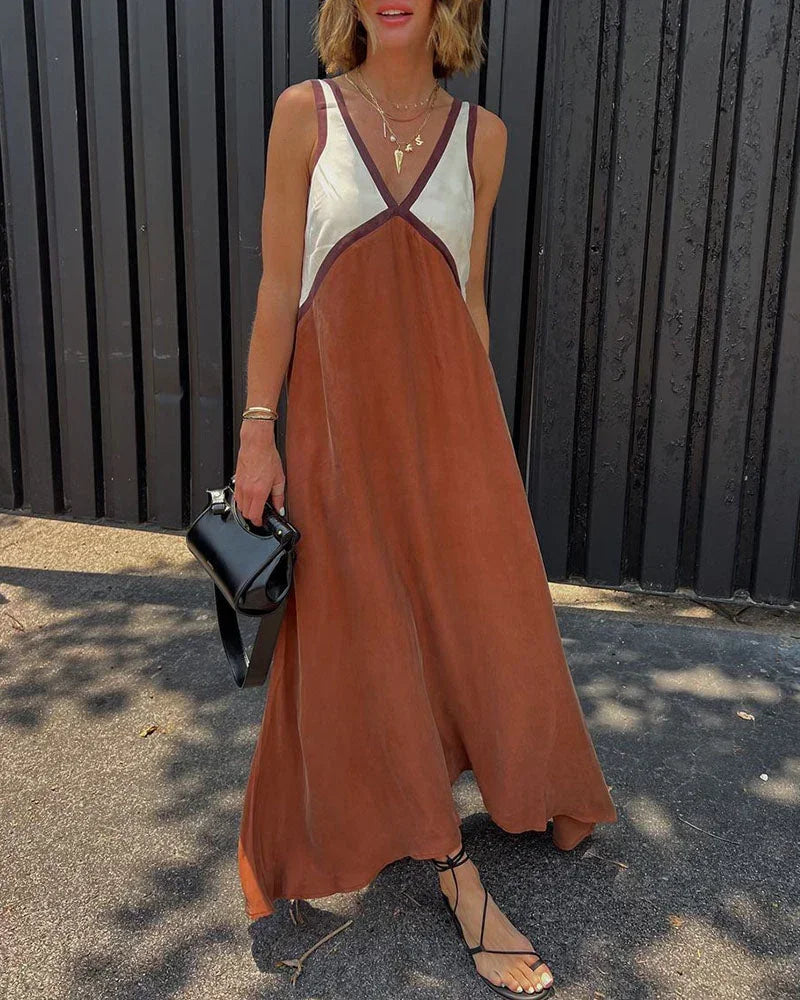 Robe longue femme bicolore à col en V sans manches | Coupe féminine + Style élégant + Facile à accessoiriser – ROBEMODE