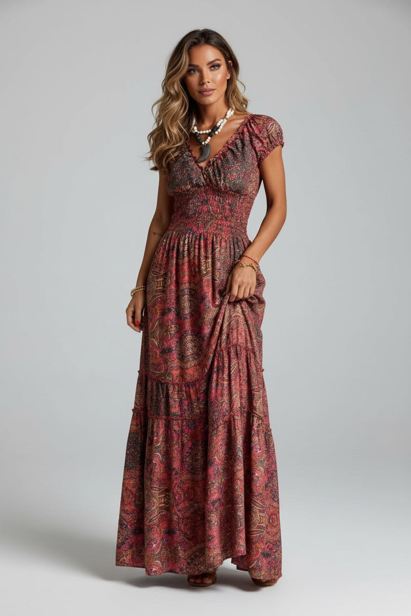 Robe Longue Femme Bohème Volants Col V Manches Courtes 6 Coloris | ROBEMODE