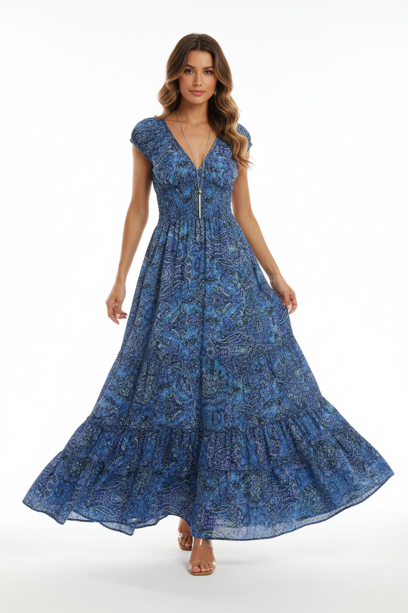 Robe Longue Femme Bohème Volants Col V Manches Courtes 6 Coloris | ROBEMODE