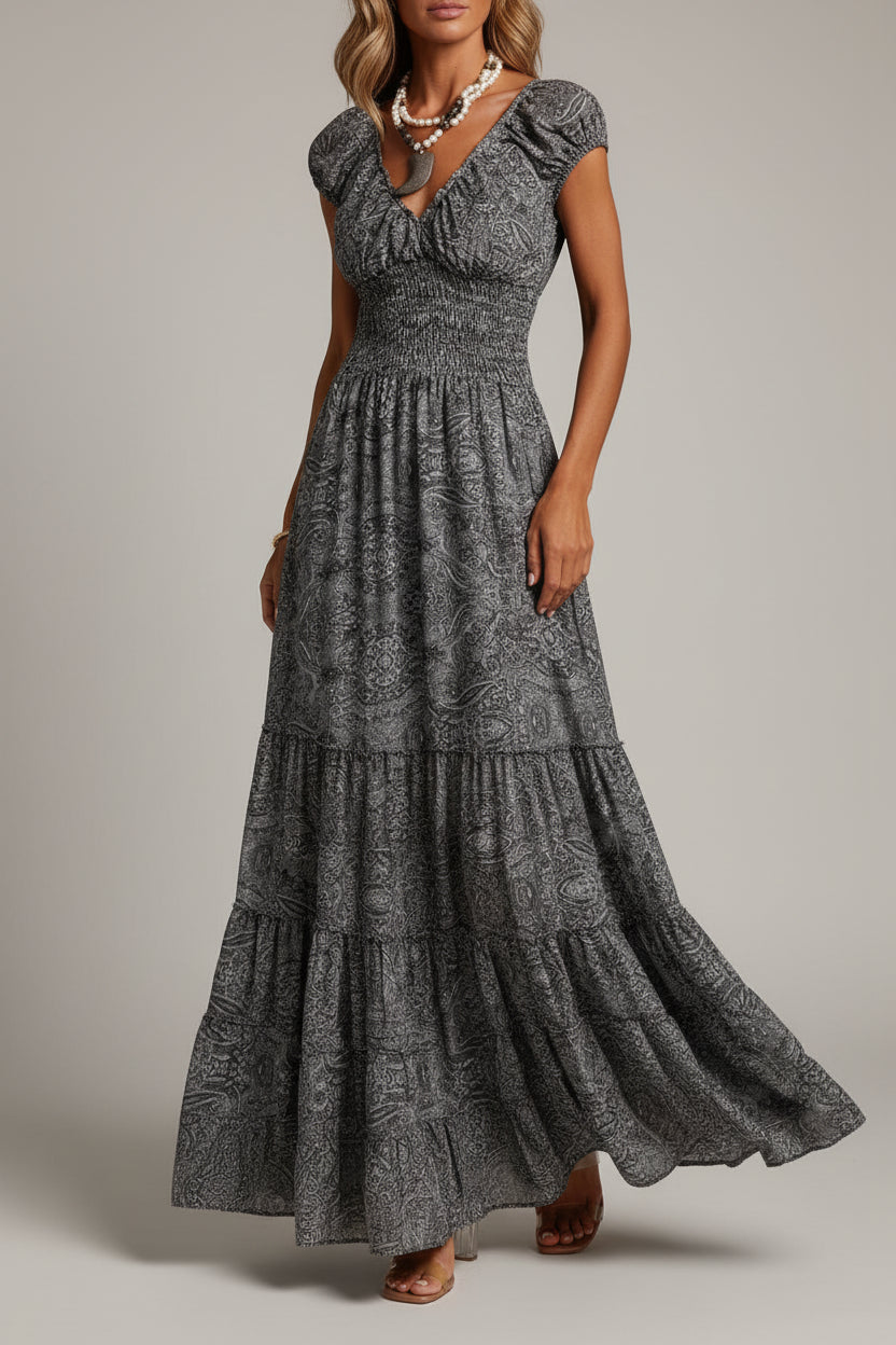 Robe Longue Femme Bohème Volants Col V Manches Courtes 6 Coloris | ROBEMODE