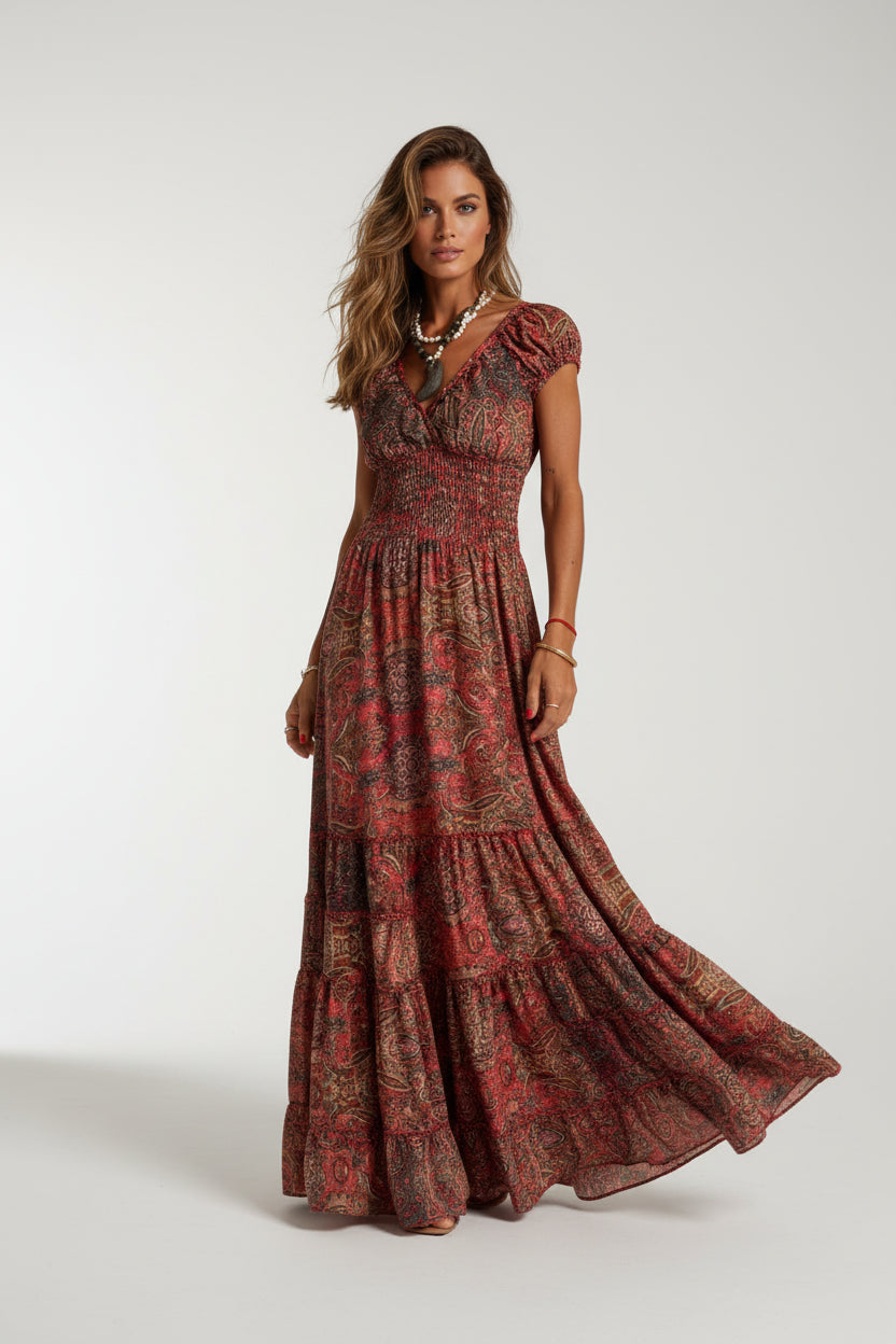 Robe Longue Femme Bohème Volants Col V Manches Courtes 6 Coloris | ROBEMODE