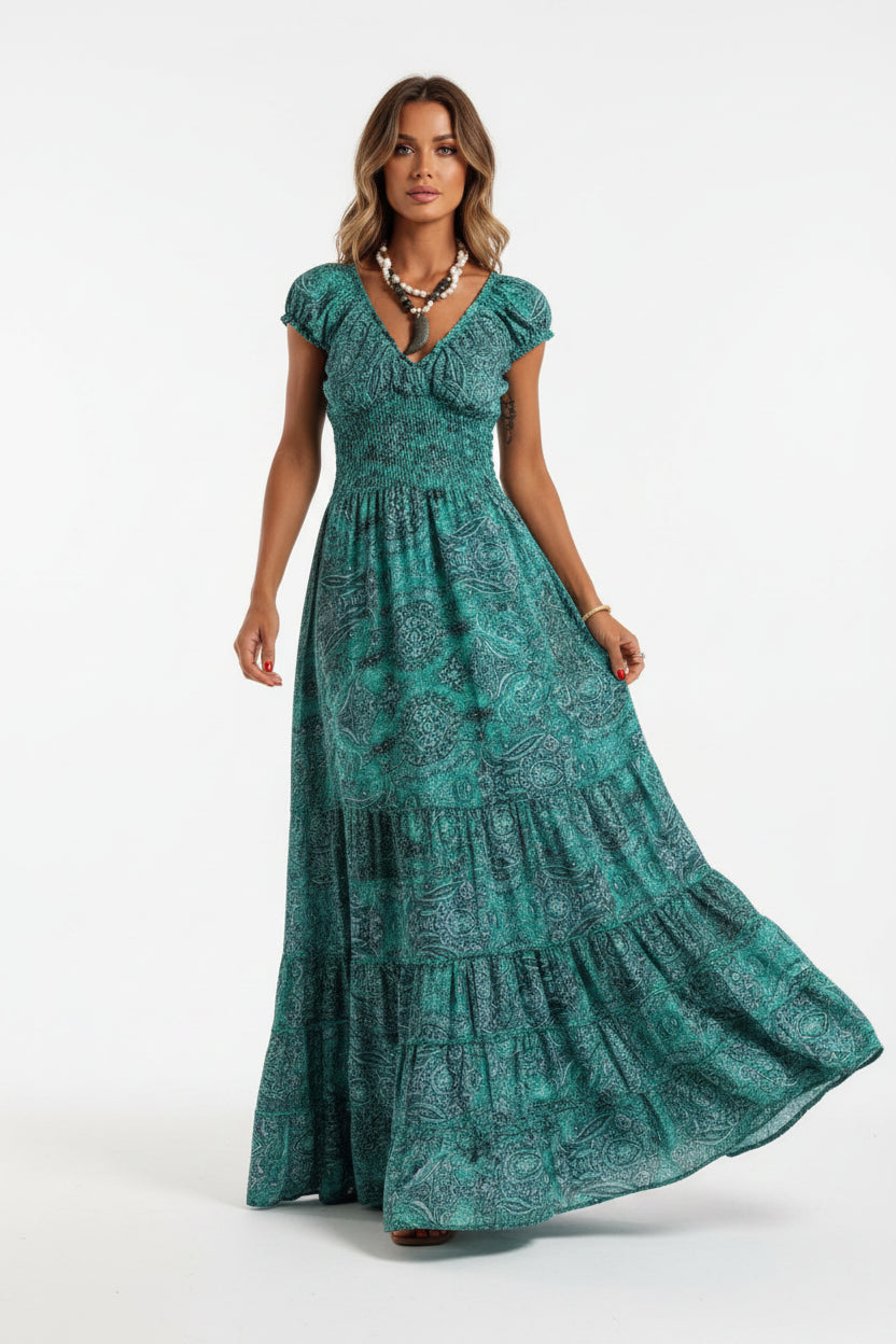 Robe Longue Femme Bohème Volants Col V Manches Courtes 6 Coloris | ROBEMODE
