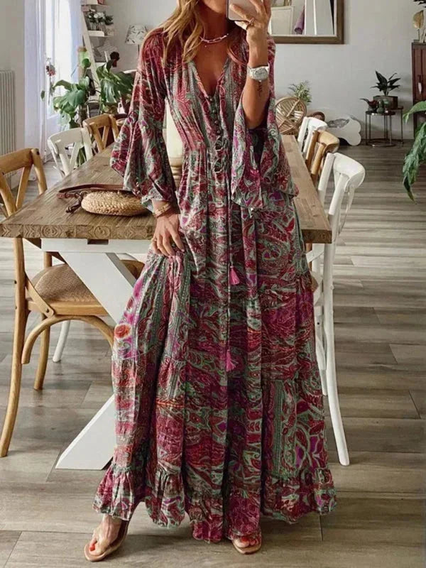 Robe longue femme bohème manches évasées imprimée été | ROBEMODE