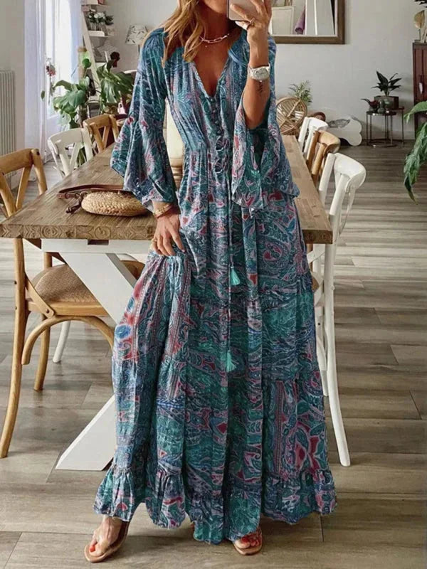 Robe longue femme bohème manches évasées imprimée été | ROBEMODE
