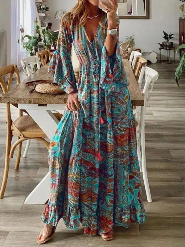 Robe longue femme bohème manches évasées imprimée été | ROBEMODE