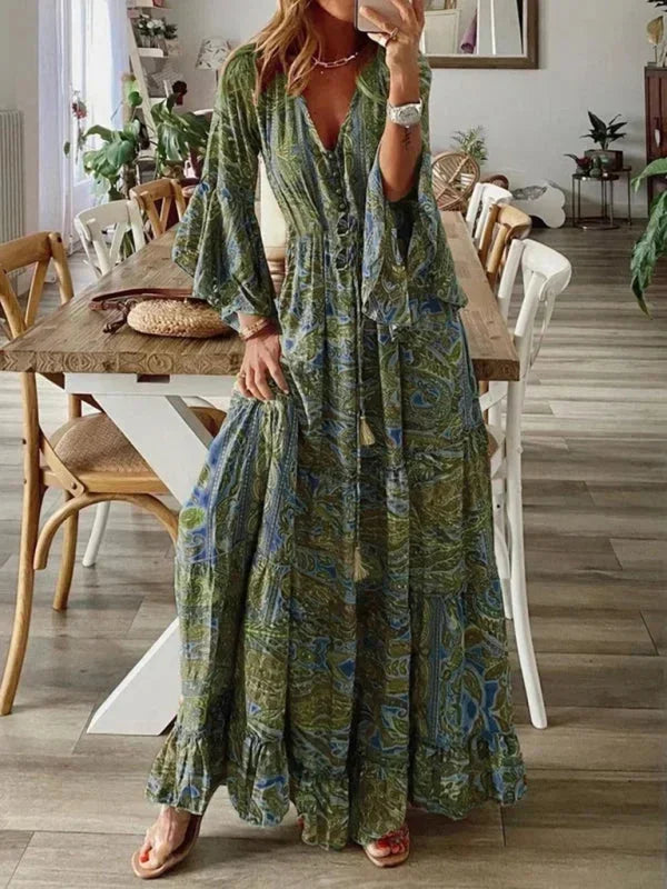 Robe longue femme bohème manches évasées imprimée été | ROBEMODE