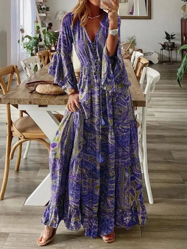 Robe longue femme bohème manches évasées imprimée été | ROBEMODE