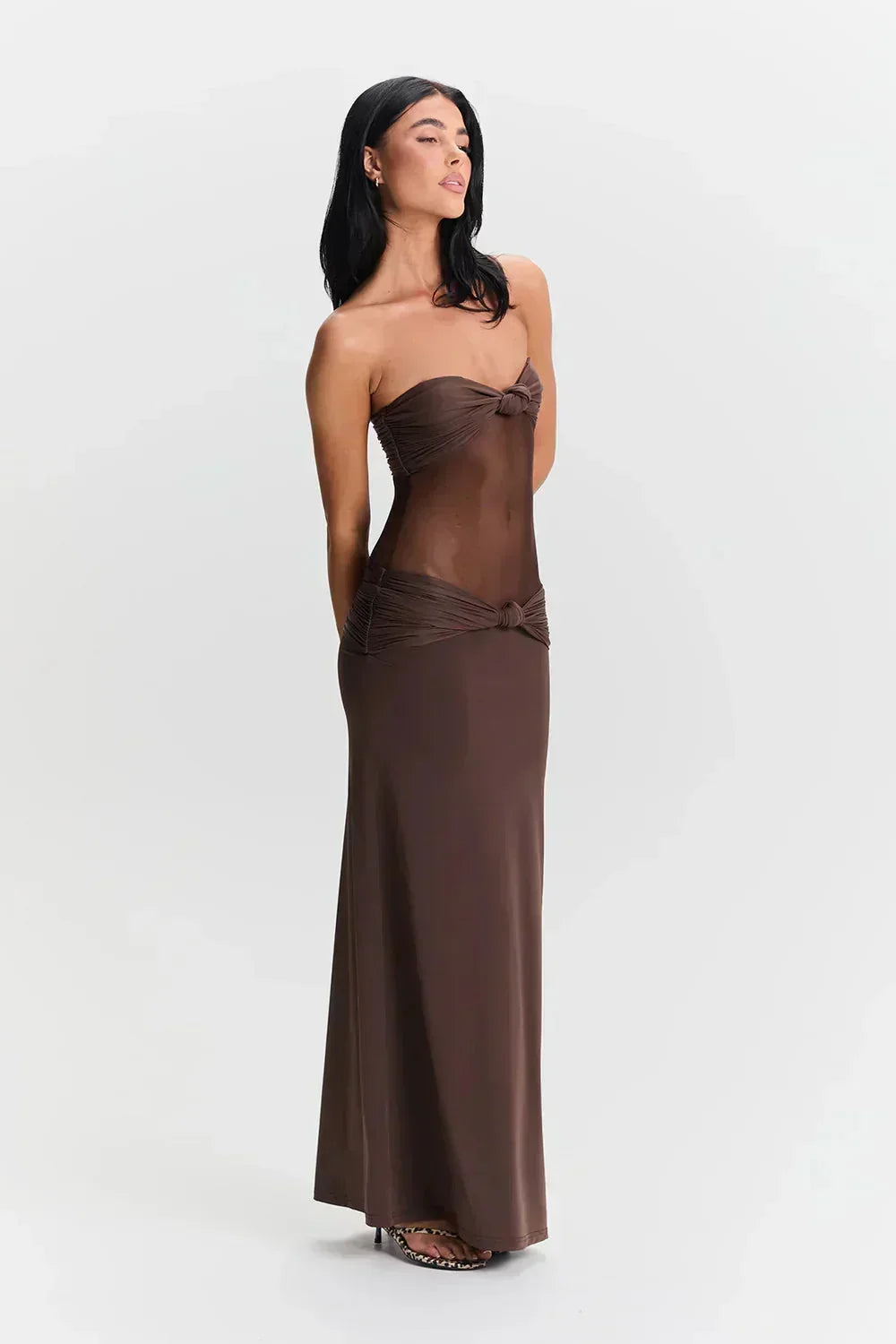 Robe longue bustier avec détail transparent nœud 2 coloris | ROBEMODE