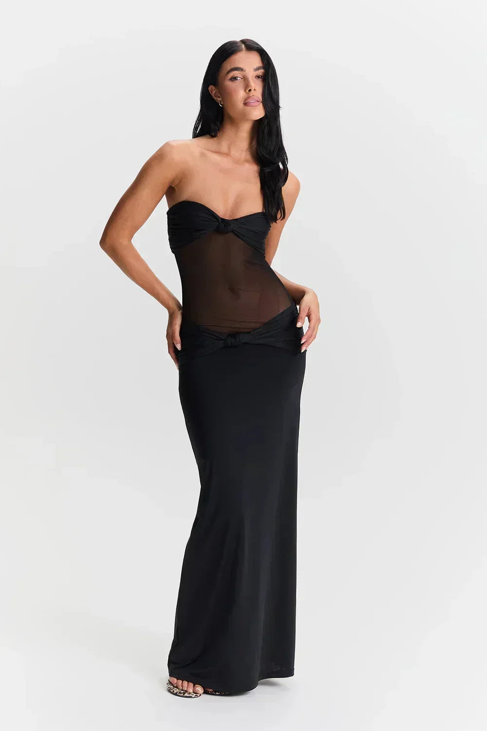 Robe longue bustier avec détail transparent nœud 2 coloris | ROBEMODE