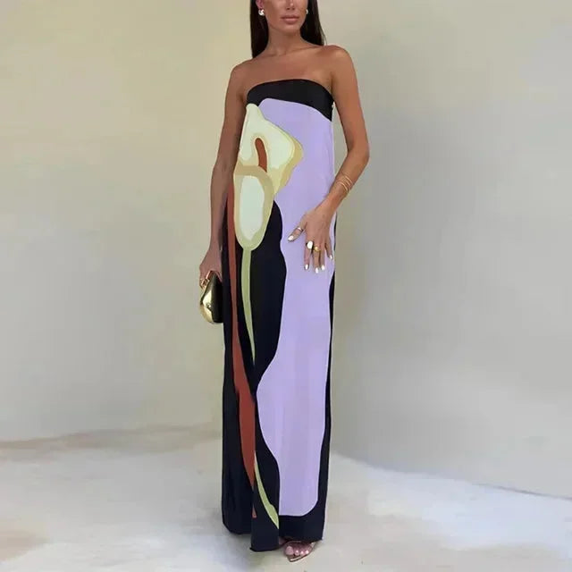 Robe Longue Bustier Motifs Abstraits Fluides 4 Coloris | ROBEMODE