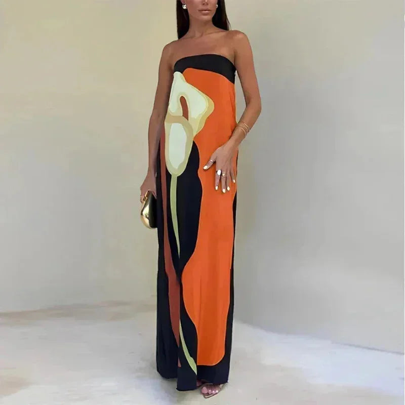 Robe Longue Bustier Motifs Abstraits Fluides 4 Coloris | ROBEMODE