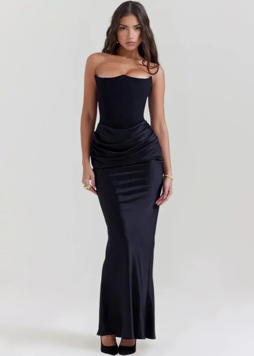 Robe Longue Bustier Froncé Satinée Soirée 5 Coloris | ROBEMODE