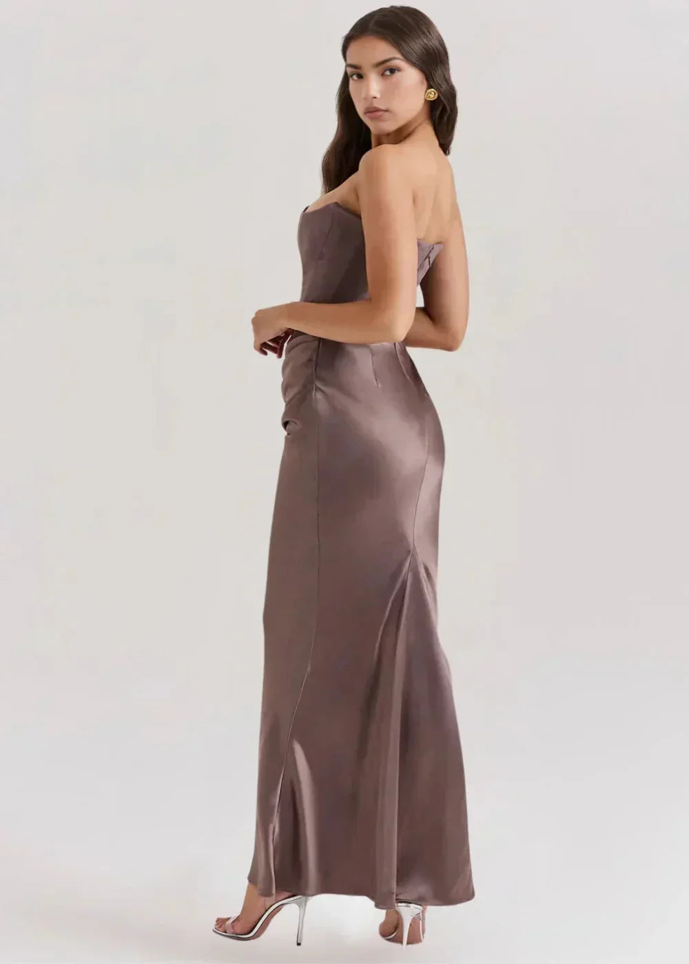 Robe Longue Bustier Froncé Satinée Soirée 5 Coloris | ROBEMODE