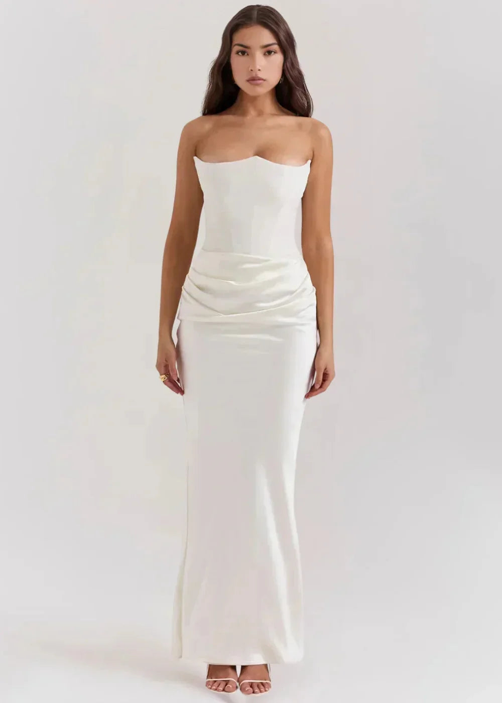 Robe Longue Bustier Froncé Satinée Soirée 5 Coloris | ROBEMODE