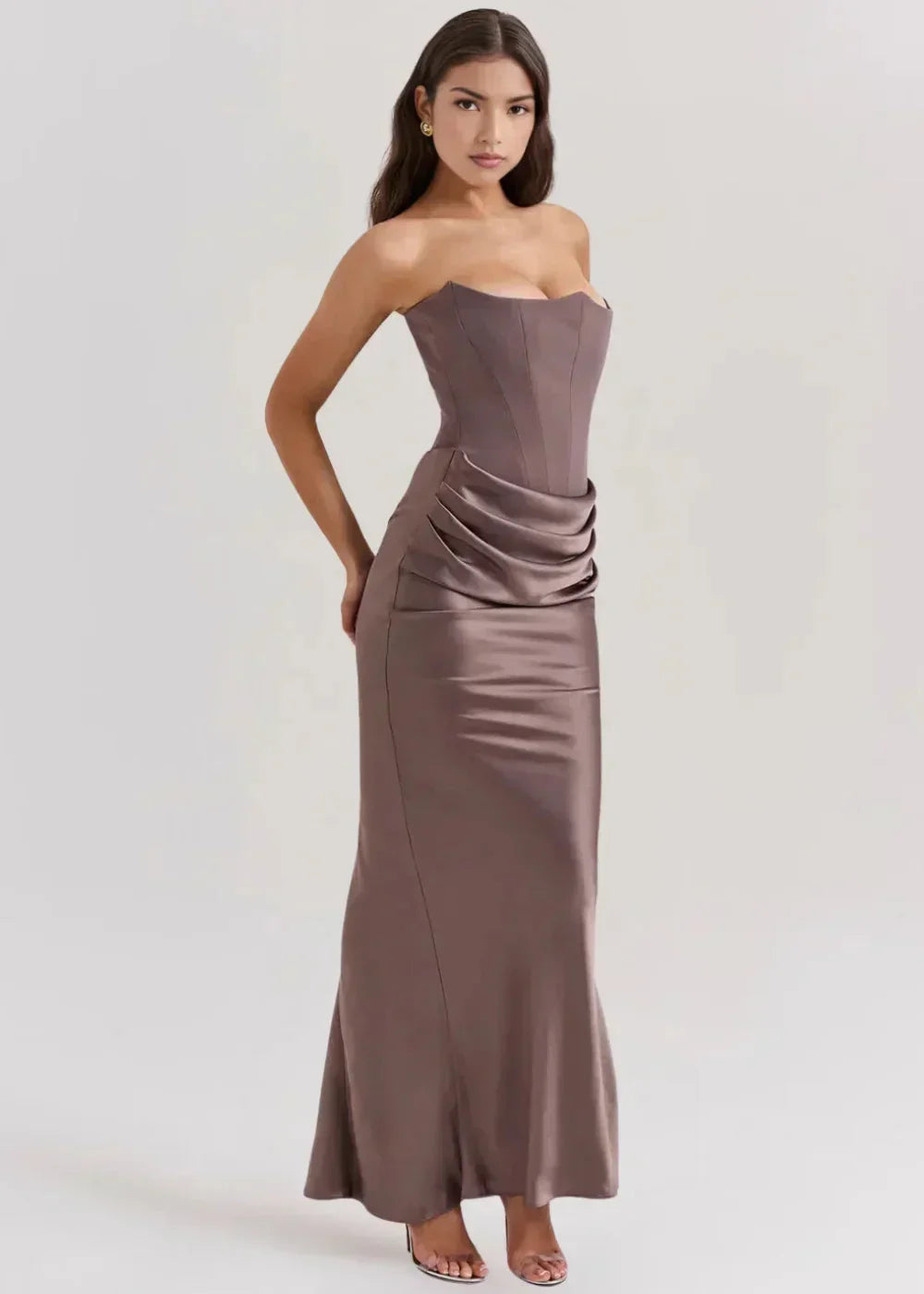 Robe Longue Bustier Froncé Satinée Soirée 5 Coloris | ROBEMODE
