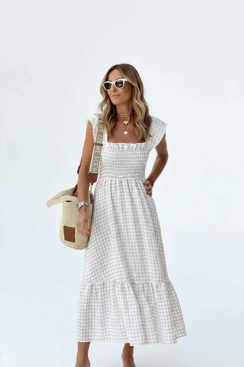 Robe longue à carreaux manches volantées col carré | ROBEMODE