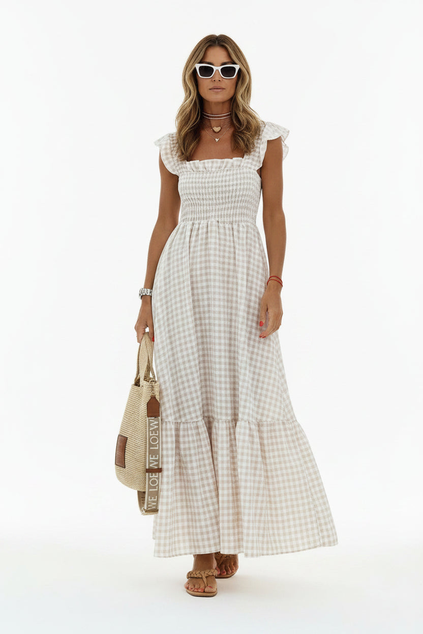 Robe longue à carreaux manches volantées col carré | ROBEMODE