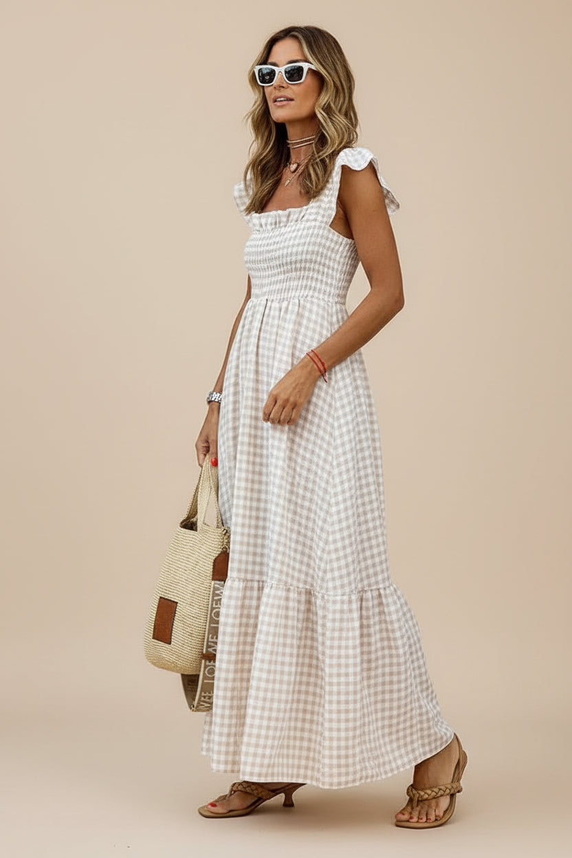 Robe longue à carreaux manches volantées col carré | ROBEMODE