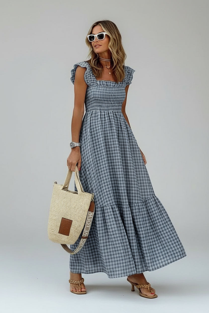Robe longue à carreaux manches volantées col carré | ROBEMODE