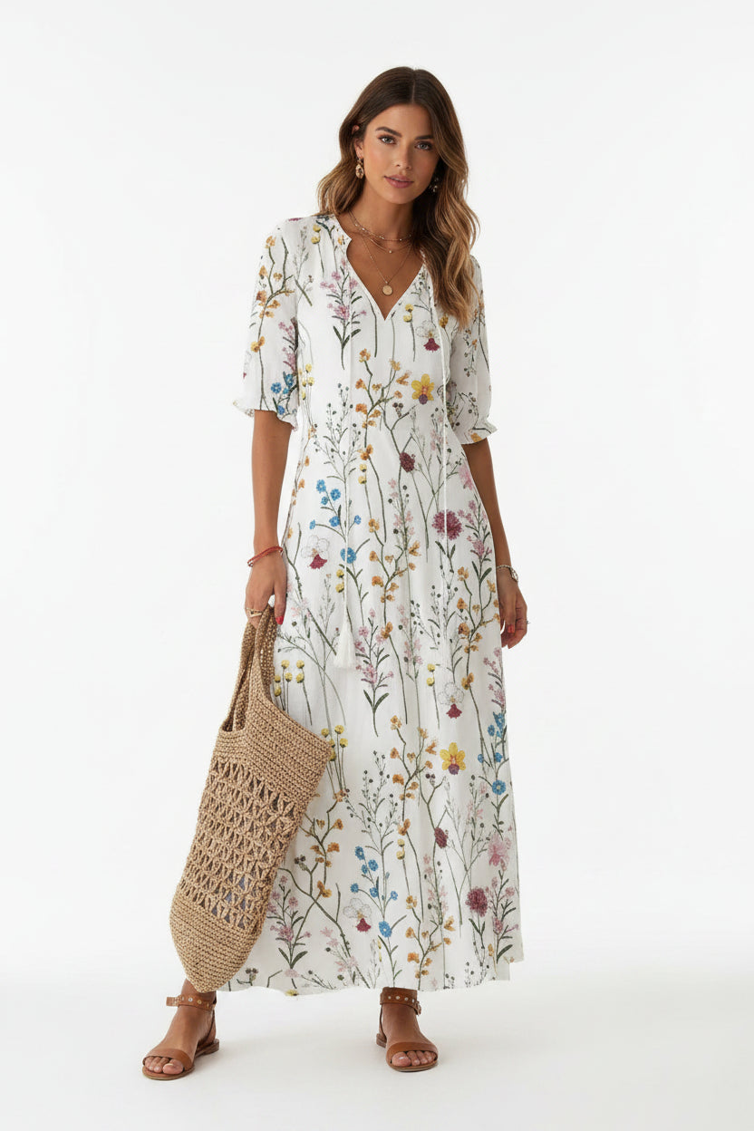 Robe Longue Col V Motifs Floraux 7 Coloris | ROBEMODE