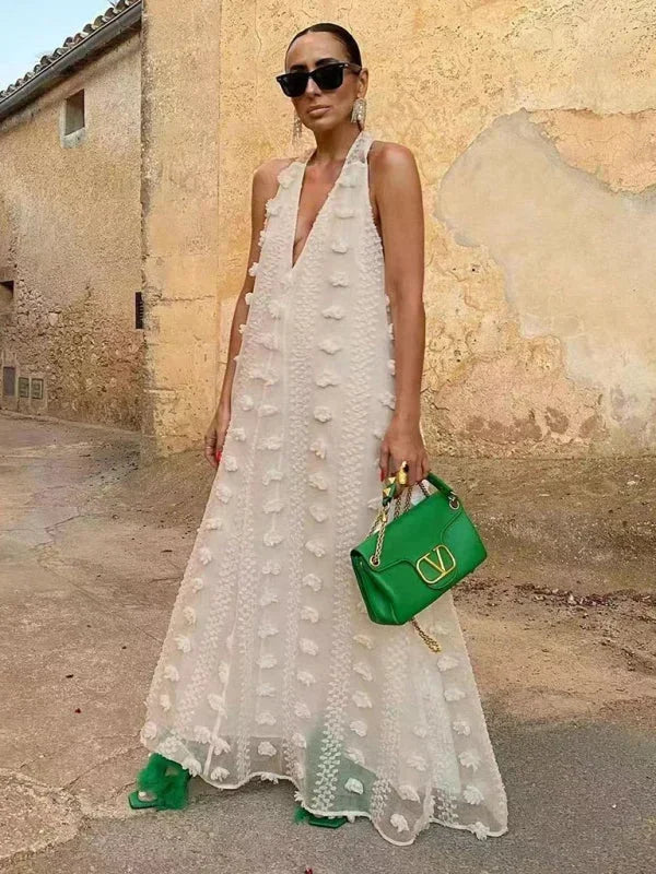 Robe Longue Col Halter Détails Floraux Femme 5 Coloris | ROBEMODE