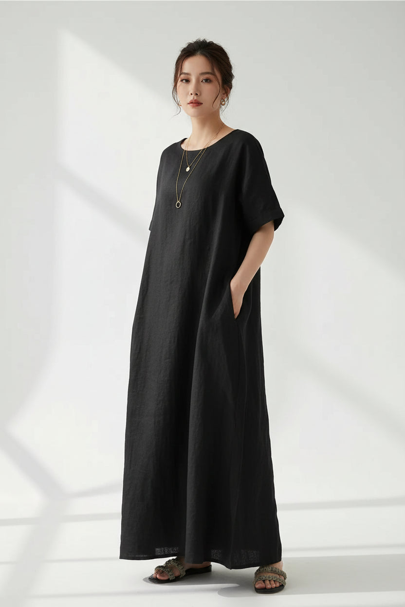Robe Longue Femme Col Rond Ceinture Ajustable 3 Coloris | ROBEMODE