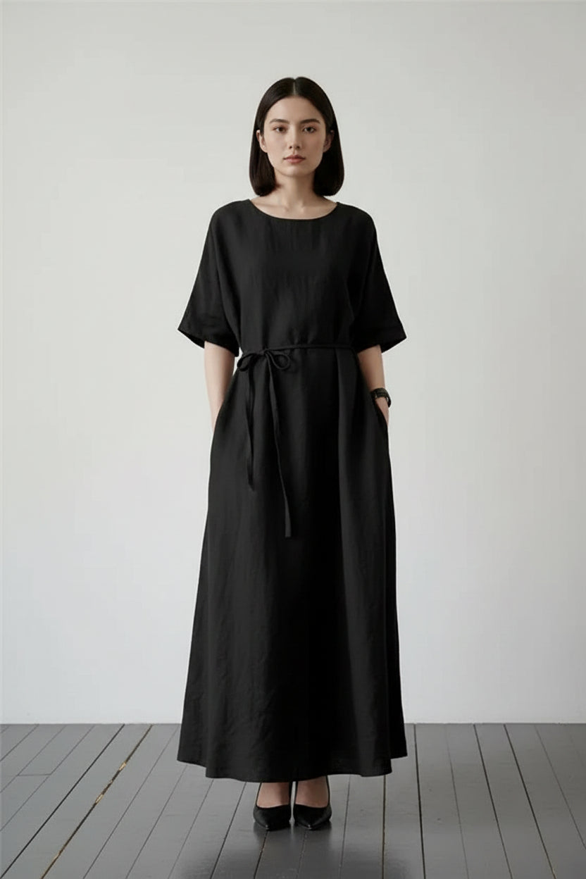 Robe Longue Femme Col Rond Ceinture Ajustable 3 Coloris | ROBEMODE