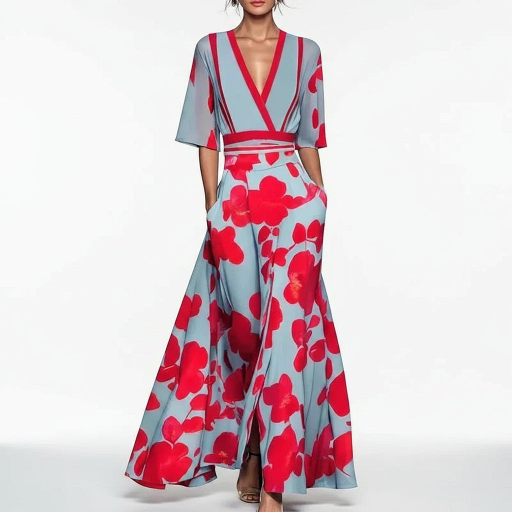 Robe Longue Femme Col V Imprimé Floral Ceinture et Fentes | ROBEMODE