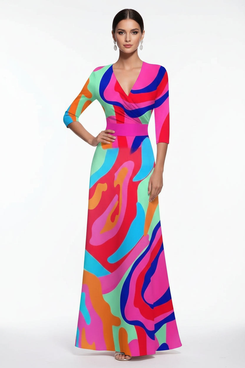 Robe Longue Femme Col V Imprimé Floral Ceinture et Fentes | ROBEMODE