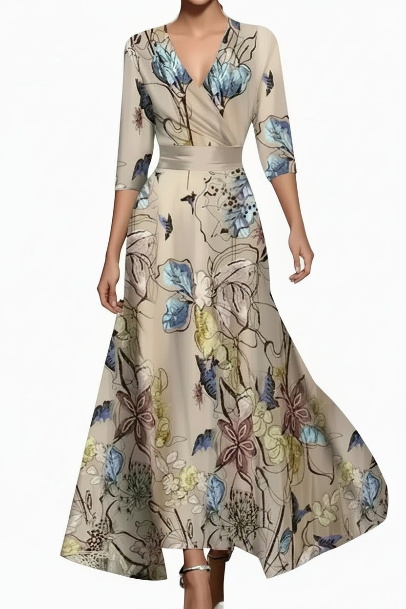 Robe Longue Femme Col V Imprimé Floral Ceinture et Fentes | ROBEMODE