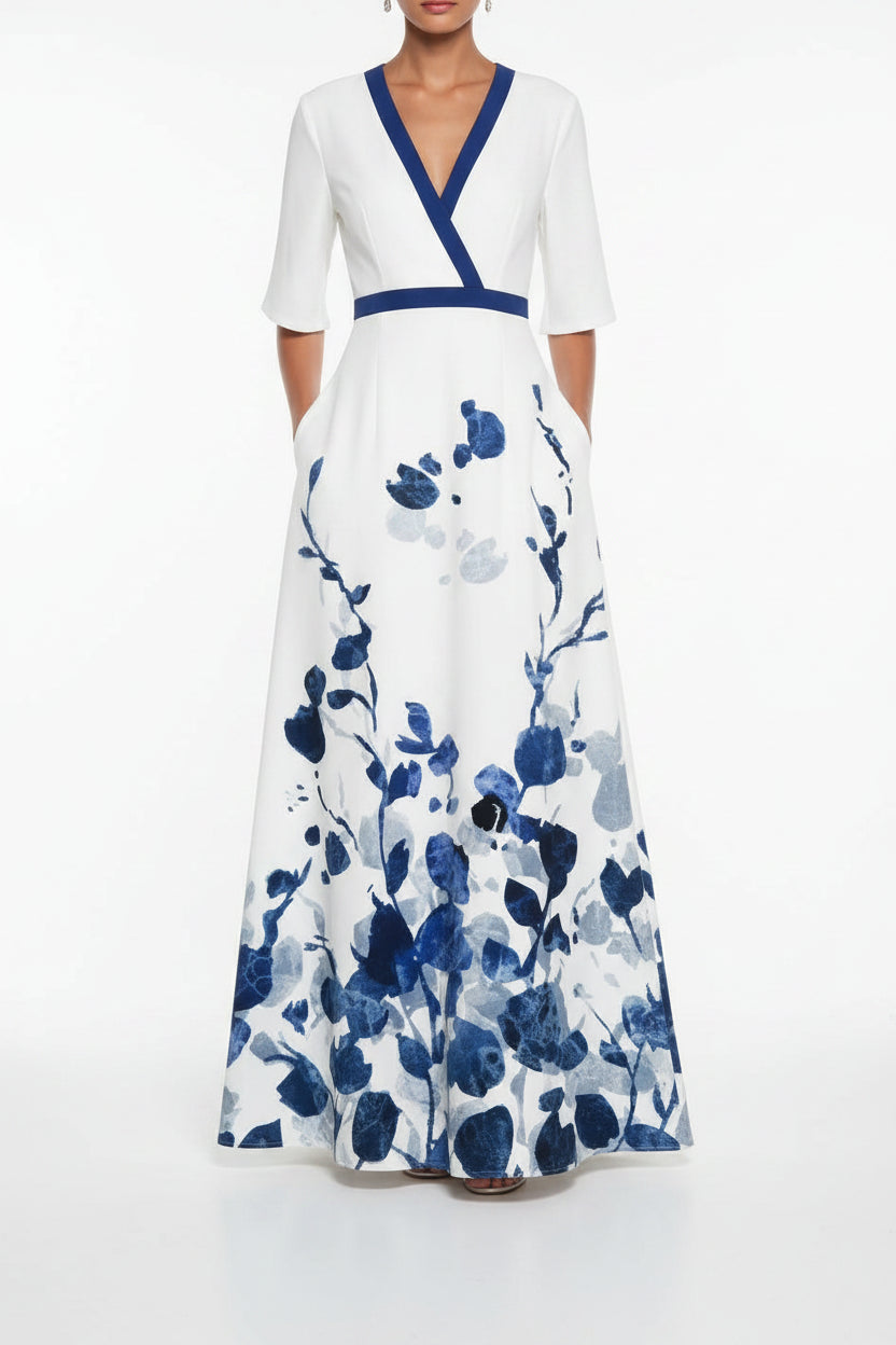Robe Longue Femme Col V Imprimé Floral Ceinture et Fentes | ROBEMODE