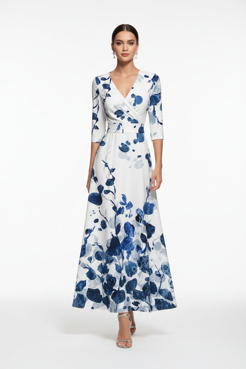 Robe Longue Femme Col V Imprimé Floral Ceinture et Fentes | ROBEMODE