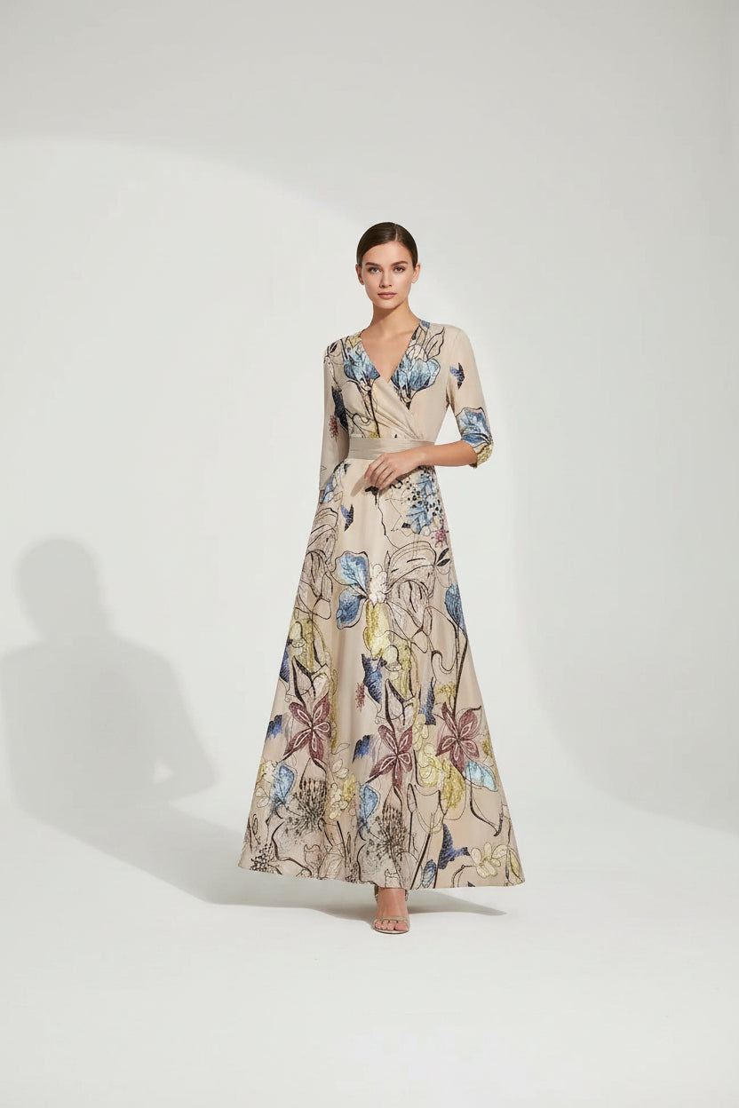 Robe Longue Femme Col V Imprimé Floral Ceinture et Fentes | ROBEMODE