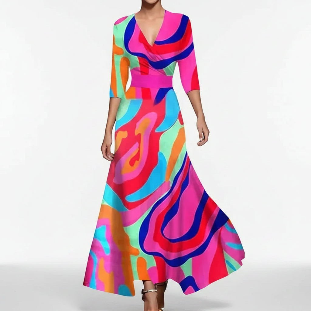 Robe Longue Femme Col V Imprimé Floral Ceinture et Fentes | ROBEMODE