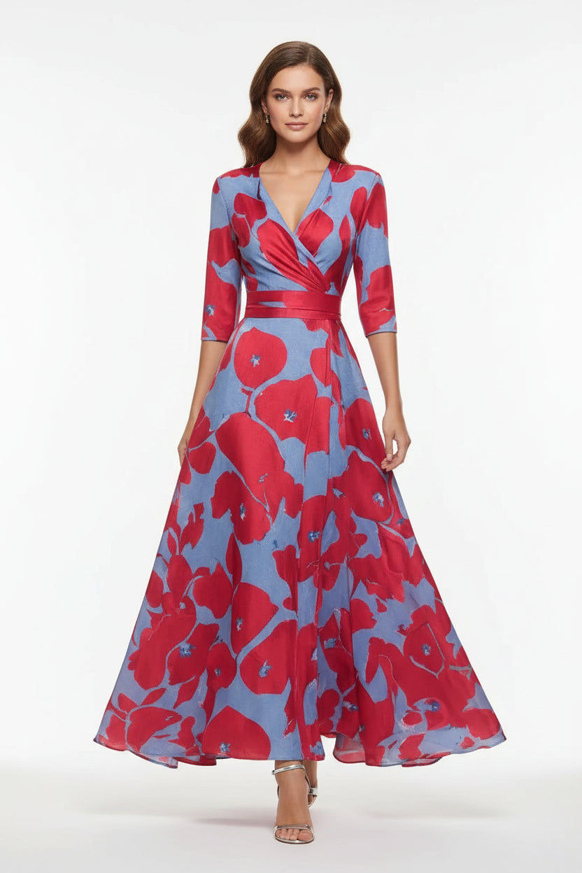 Robe Longue Femme Col V Imprimé Floral Ceinture et Fentes | ROBEMODE