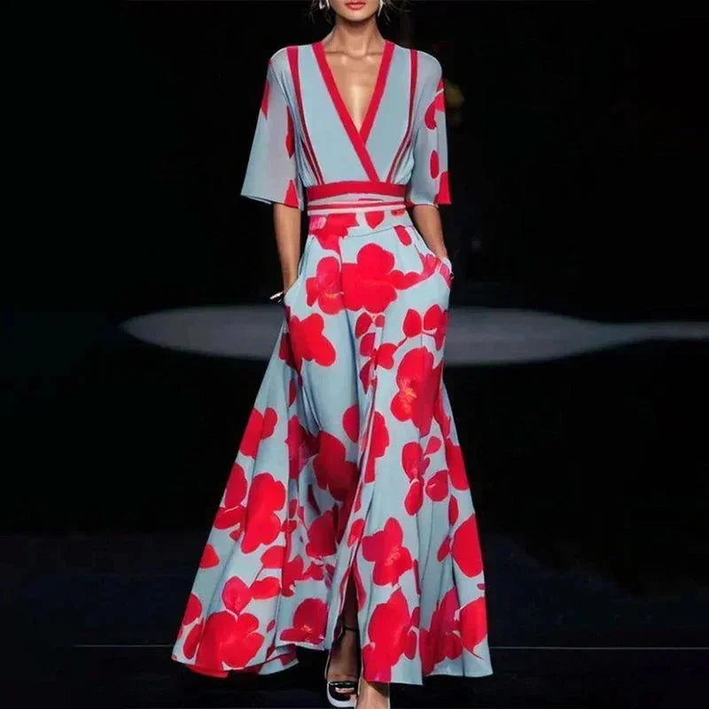 Robe longue femme col V imprimé floral et ceinture