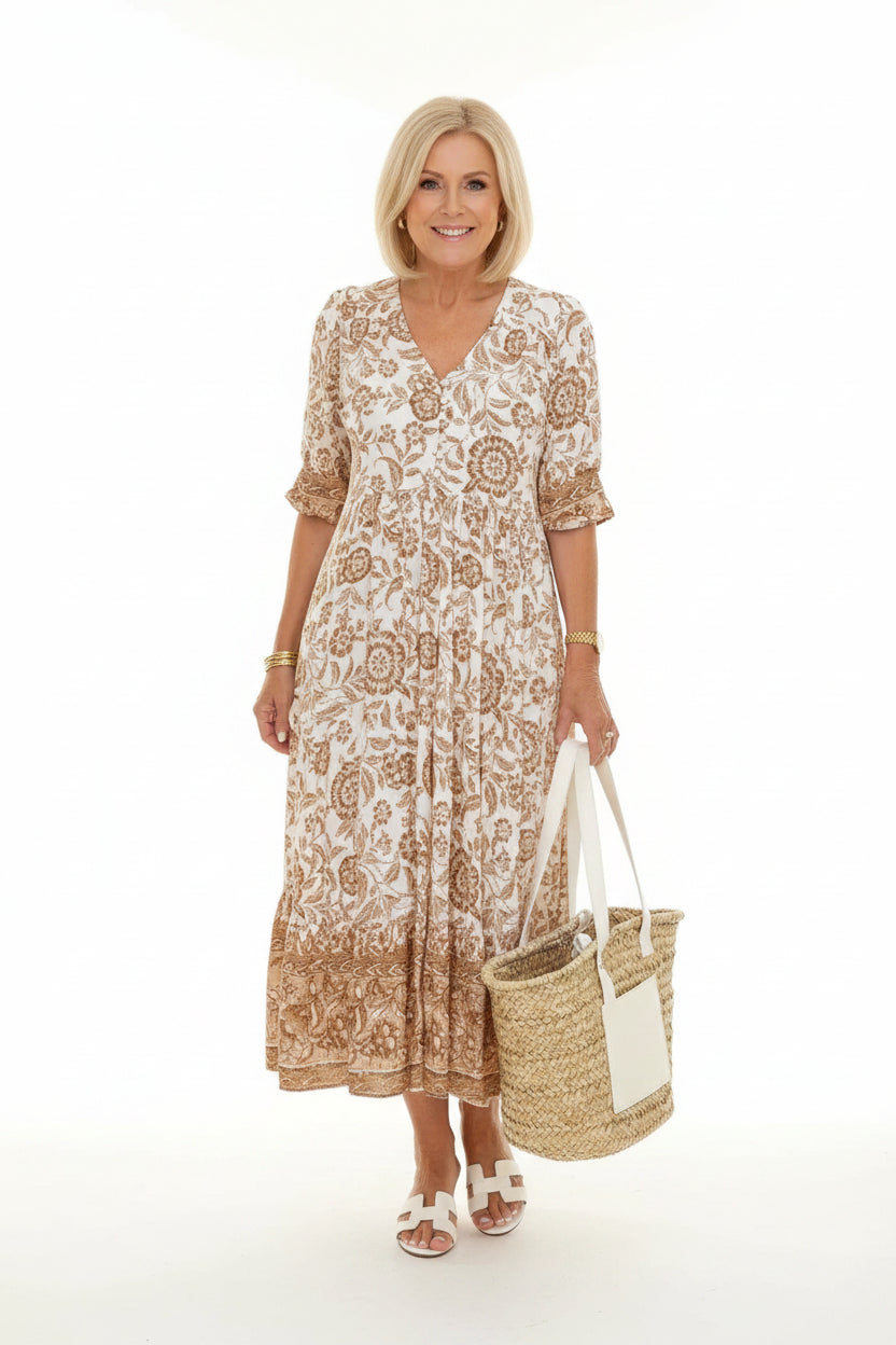 Robe Longue Femme Florale Col V | 5 Coloris + Manches Courtes + Légère Estivale | ROBEMODE