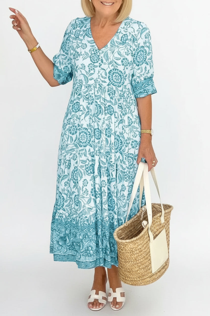 Robe Longue Femme Florale Col V | 5 Coloris + Manches Courtes + Légère Estivale | ROBEMODE