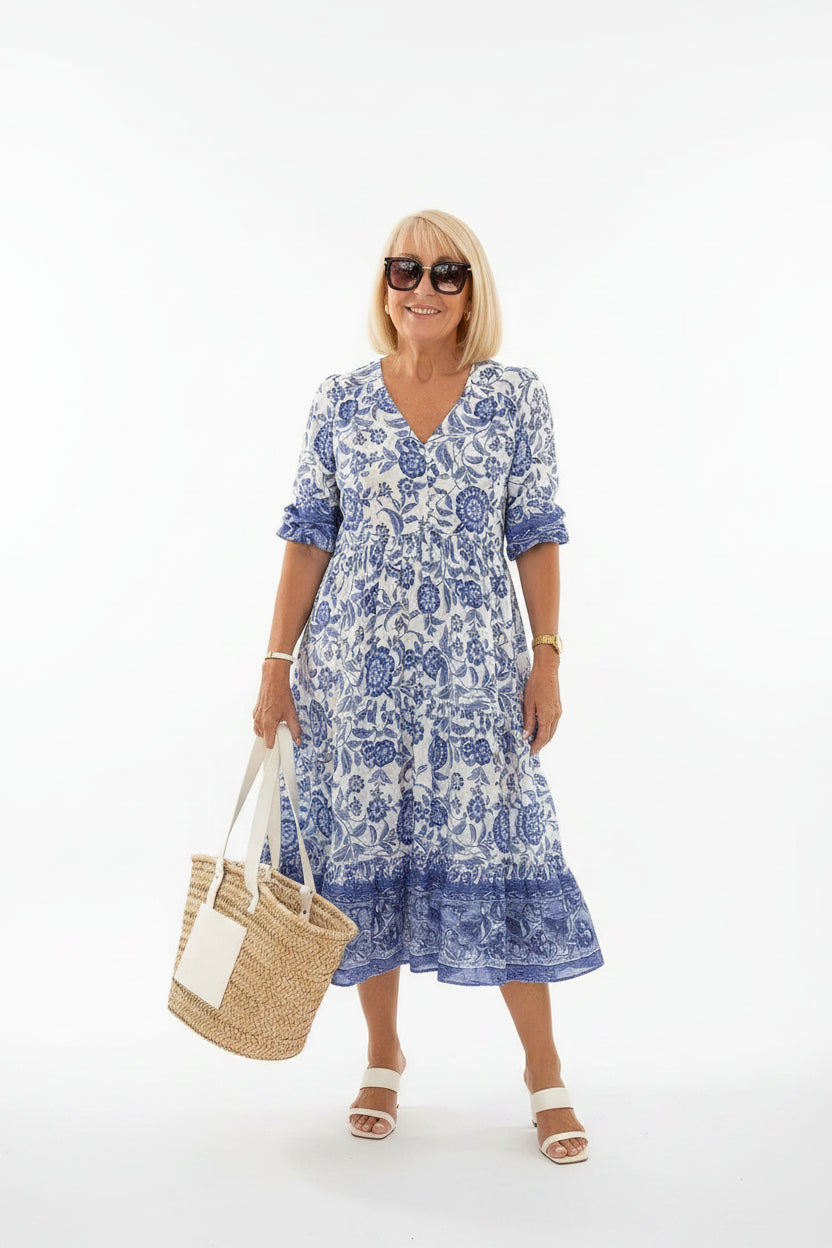 Robe Longue Femme Florale Col V | 5 Coloris + Manches Courtes + Légère Estivale | ROBEMODE