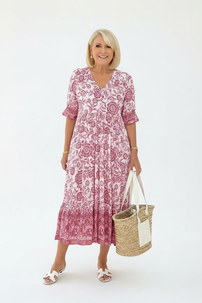 Robe Longue Femme Florale Col V | 5 Coloris + Manches Courtes + Légère Estivale | ROBEMODE