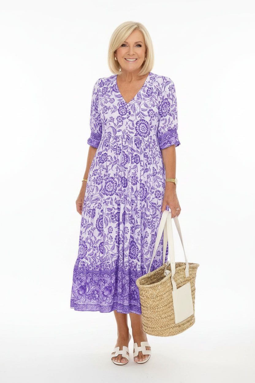 Robe Longue Femme Florale Col V | 5 Coloris + Manches Courtes + Légère Estivale | ROBEMODE