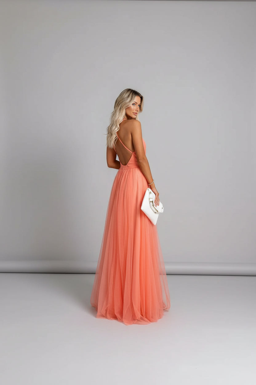 Robe longue femme dos nu orange bretelles fines | Coupe féminine + Style élégant + Facile à accessoiriser – ROBEMODE