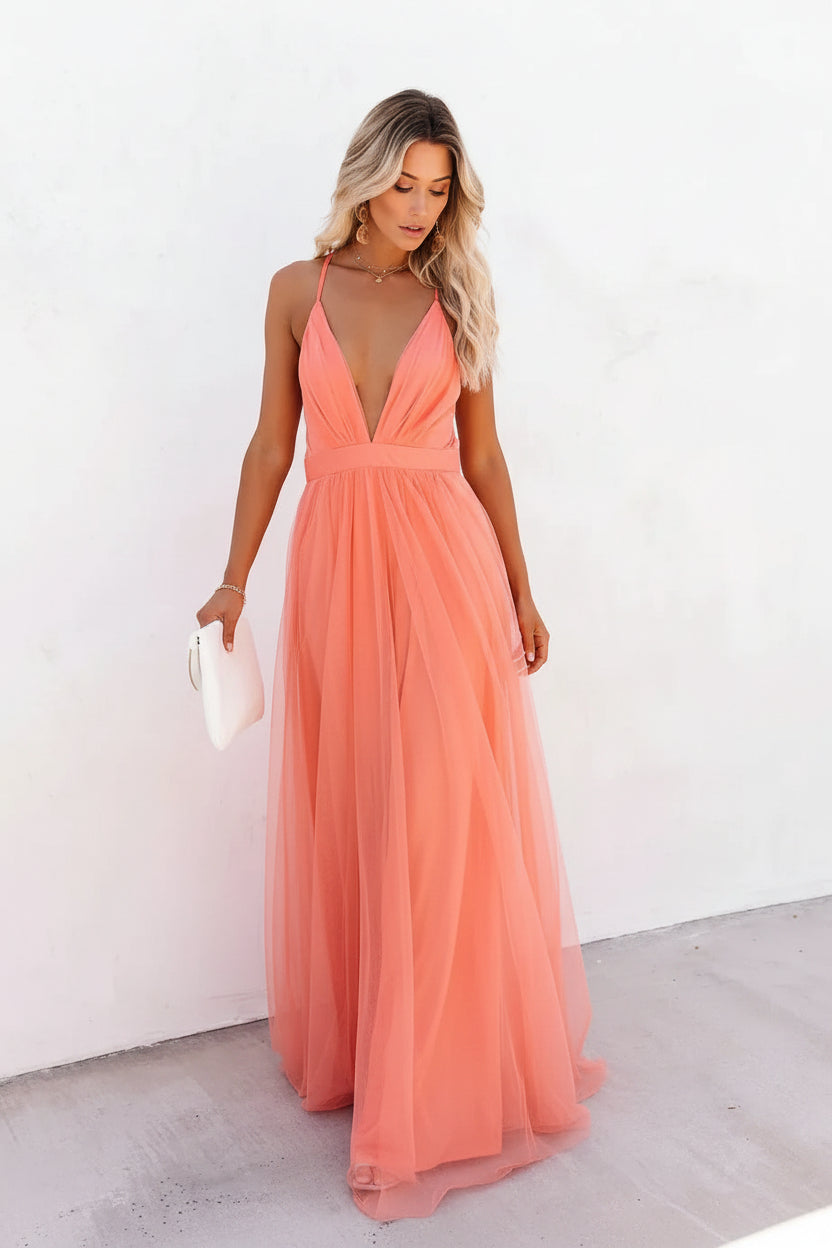 Robe longue femme dos nu orange bretelles fines | Coupe féminine + Style élégant + Facile à accessoiriser – ROBEMODE
