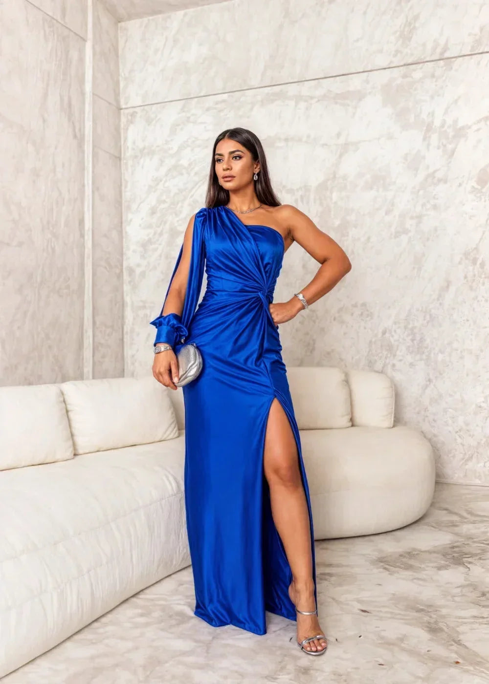 Robe Longue Drapée Une Épaule Fente 7 Coloris | ROBEMODE