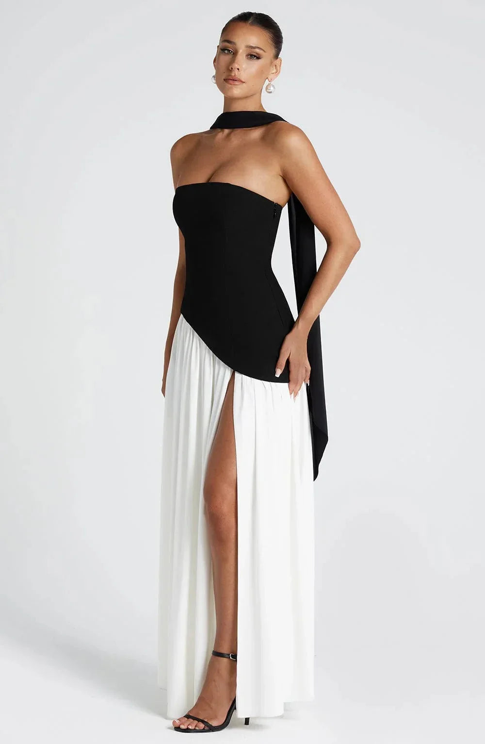 Robe longue femme fendue avec echarpe | ROBEMODE
