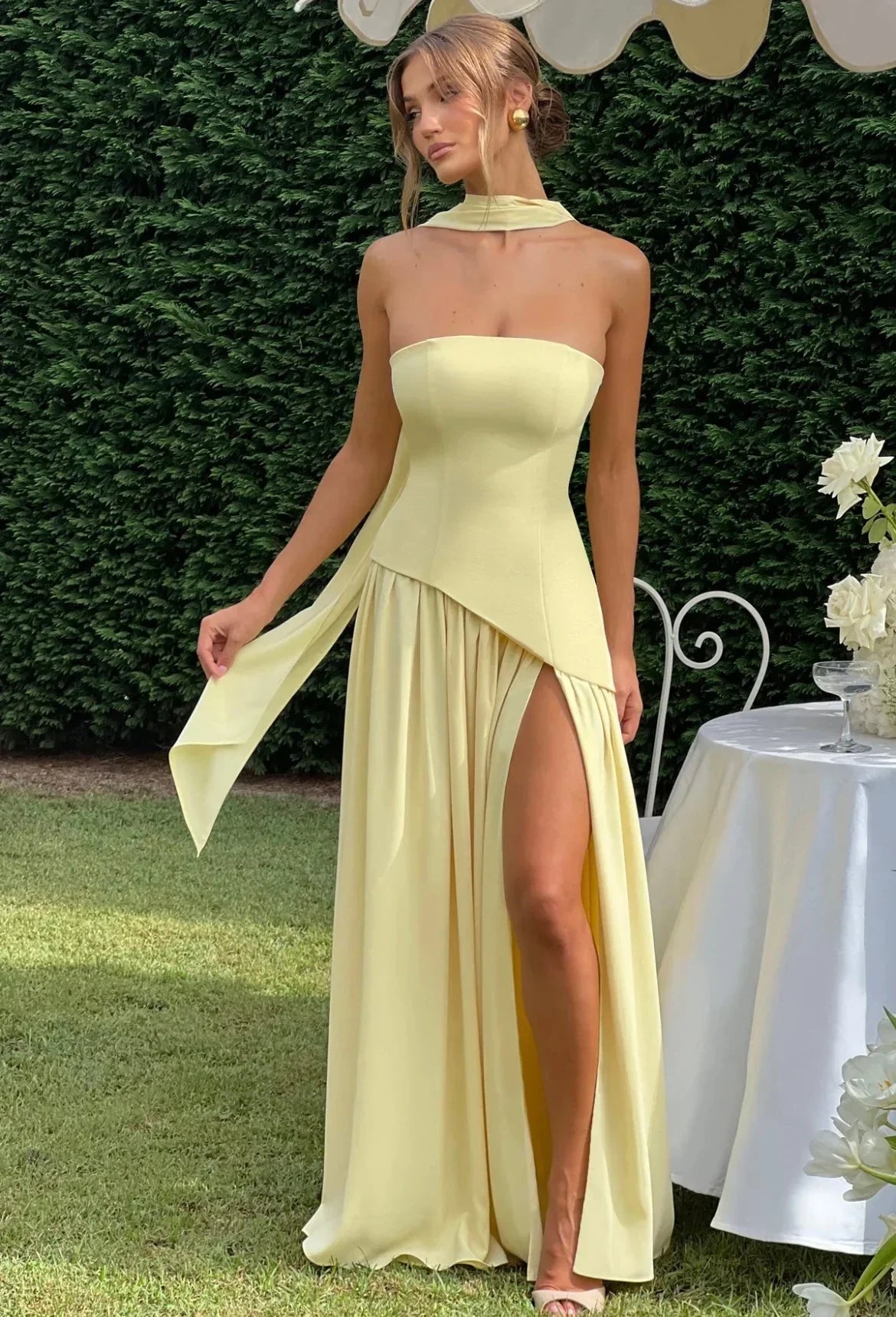 Robe longue femme fendue avec echarpe | ROBEMODE