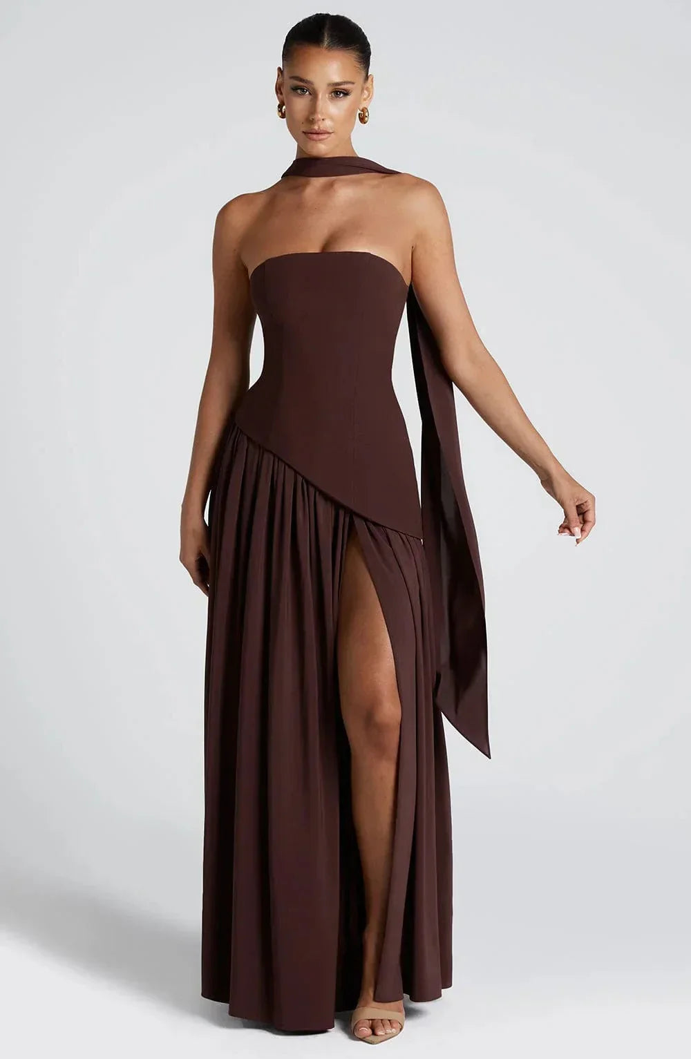 Robe longue femme fendue avec echarpe | ROBEMODE