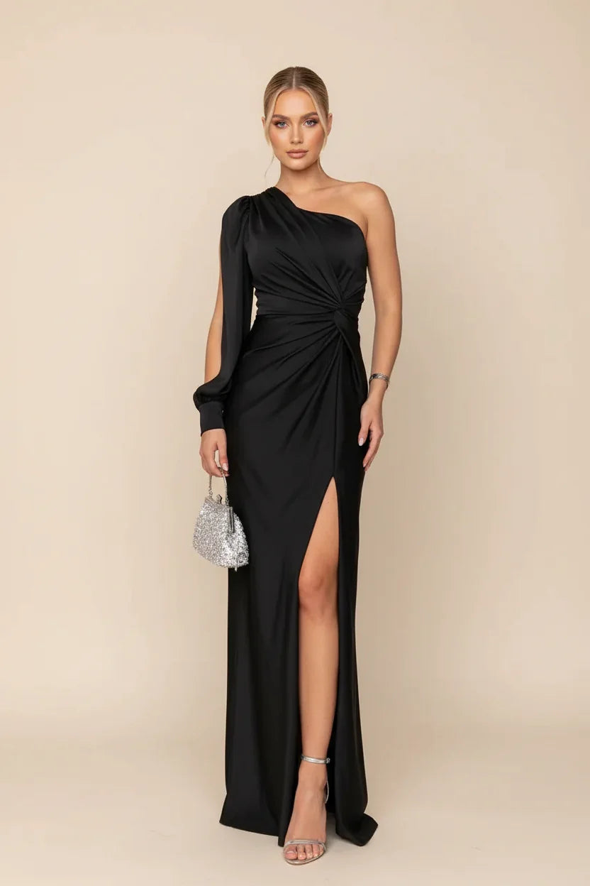 Robe longue fendue en satin asymétrique | ROBEMODE