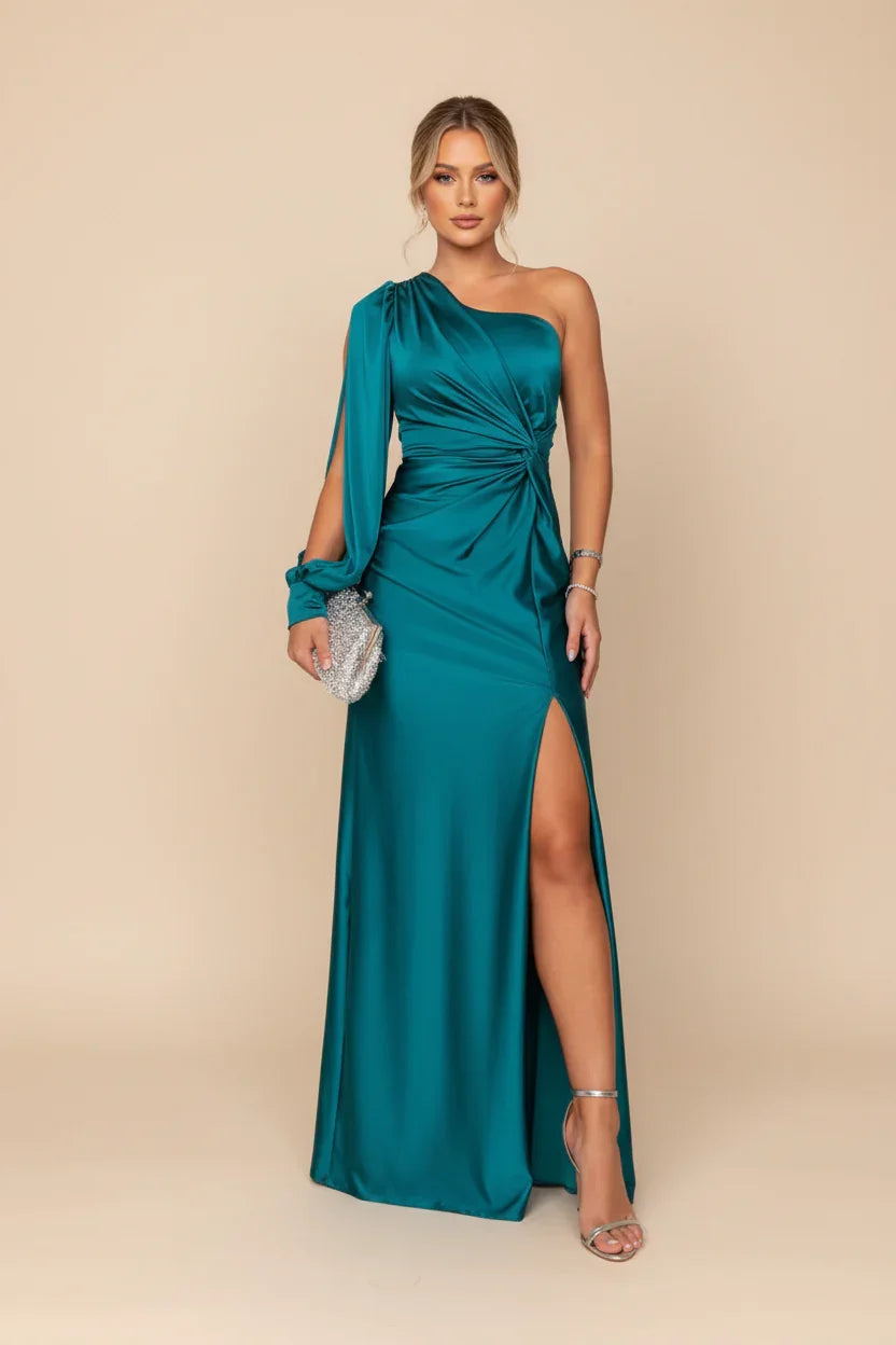 Robe longue fendue en satin asymétrique | ROBEMODE
