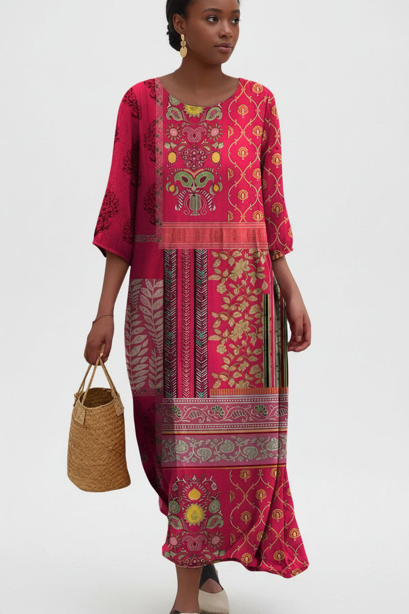Robe longue femme imprimé ethnique manches 3/4 rose | ROBEMODE